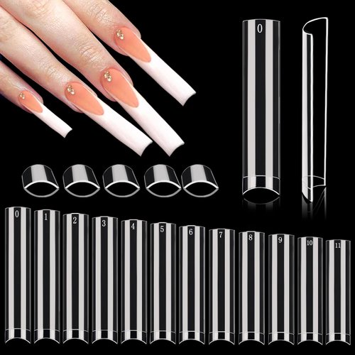 504PCS No C Curve Nail Tips, XXXL Clear Square Nail Tips for Acrylic Nails Professional, 3XL Half Cover Straight Tapered Square Nails Tips, Extra Long Acrylic Nail Tips for Nail Salon 12 Sizes
