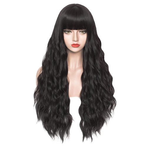 Mildiso Black Wigs for Women 26" Long Black Wig with Bangs Curly Wavy Black Hair Wig Cute Natural Soft Wigs for Daily Party M062BK1