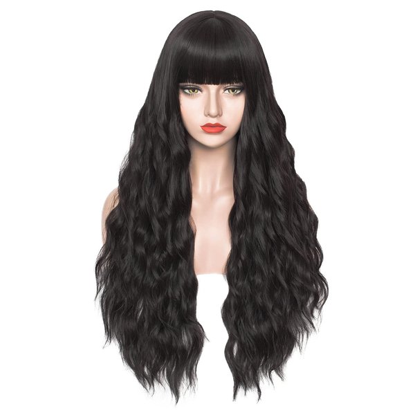 Mildiso Black Wigs for Women 26" Long Black Wig with Bangs Curly Wavy Black Hair Wig Cute Natural Soft Wigs for Daily Party M062BK1
