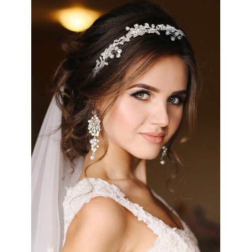 Campsis Pearl Wedding Headband Silver Crystal Bridal Headpiece Jewelry Flower Hair Accessories for Women Prom Party for Bride Bridesmaid