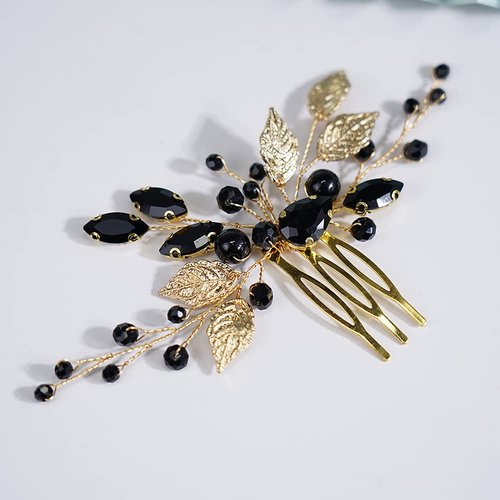 Teyglen Crystal Bride Wedding Hair Comb Black Rhinestone Crystal Hair Comb Gold Leaves Headpiece Hair Piece Black Headpiece Hair Accessories for Women
