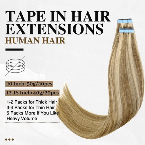 LADY MIRANDA Tape in Hair Extensions Remy Human Hair Full Ends PU Hair Extensions 20 Inches 50g 20Pcs Mixed Blonde Skin Weft Invisible Tape in Human Hair Extensions for Women