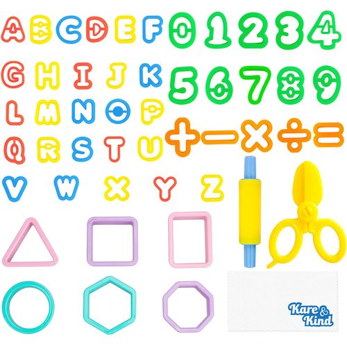 Kare & Kind Dough Tool Kit - 49 pcs Multi-Color Clay Dough Tools - Letters, Numbers and Basic Shapes - for Kids, Toddlers, Pre-School - Excellent Party Giveaways, Christmas, Birthday GIF