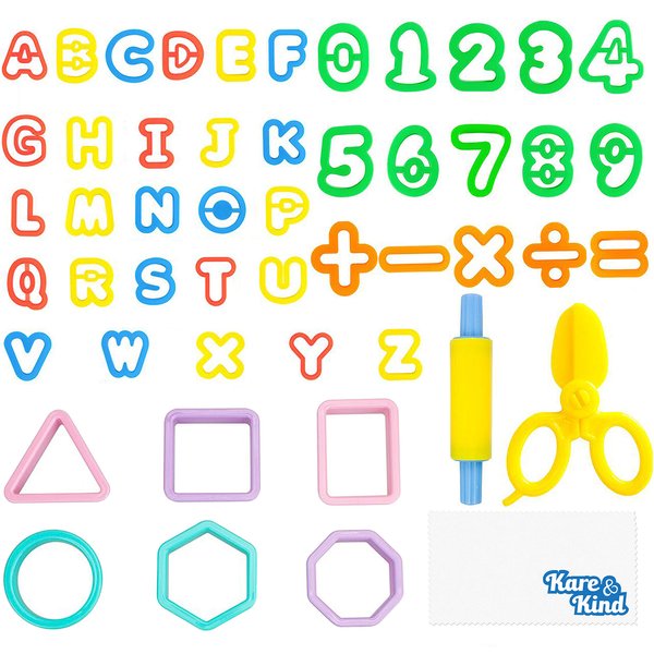 Kare & Kind Dough Tool Kit - 49 pcs Multi-Color Clay Dough Tools - Letters, Numbers and Basic Shapes - for Kids, Toddlers, Pre-School - Excellent Party Giveaways, Christmas, Birthday GIF