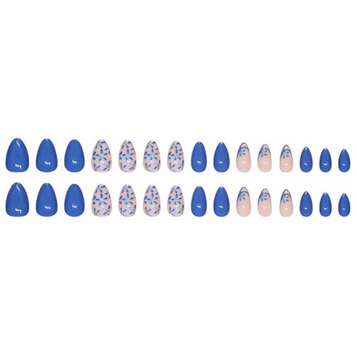 MISUD Press on Nails Short Almond Fake Nails Glossy Glue on Nails Summer Blue Acrylic Nails Stiletto Artificial Nails Cute Flower Stick on False Nails with Design 30pcs