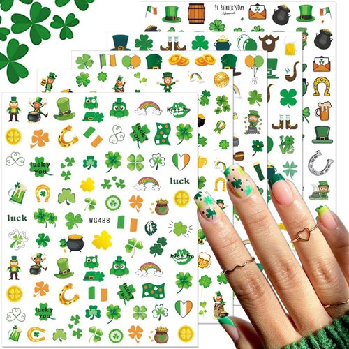 St Patricks Day Nail Stickers 3D Shamrock Nail Art Decals Green Clover Nail Stickers Self Adhesive Design Irish Nail Art Stickers St. Patrick'S Day Nail Art Decals for Women Girls Nail Art Decoration (5 Sheets)