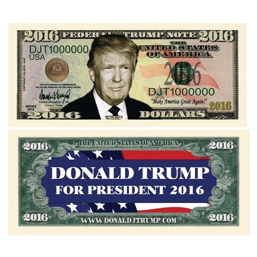 10 Donald Trump 2016 Presidential Dollar Bills with Bonus “Thanks a Million” Gift Card Set