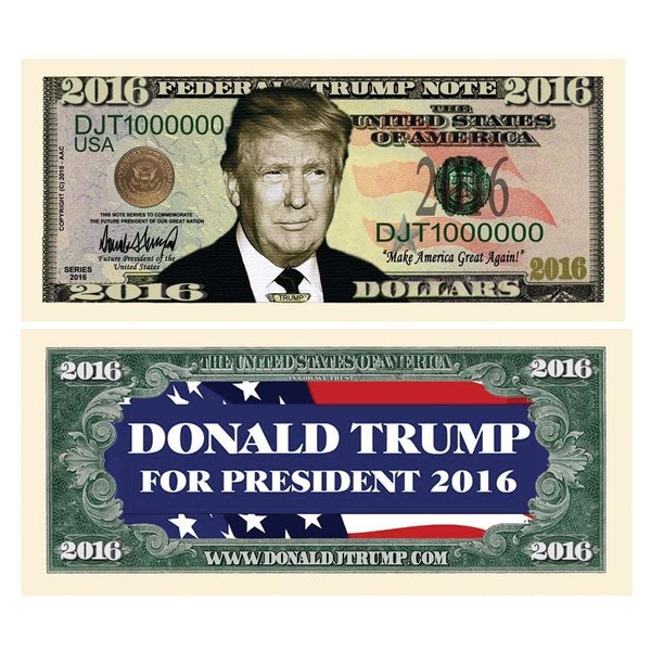 10 Donald Trump 2016 Presidential Dollar Bills with Bonus “Thanks a Million” Gift Card Set