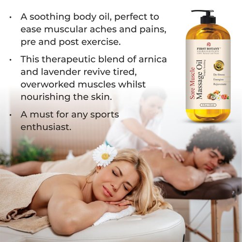 First Botany, Arnica Sore Muscle Massage Oil for Massage Therapy Natural Therapy Oil with Lavender, Mint, Chamomile Essential Oils, Collagen & Stem Cells, Therapeutic Oils for Body Massage Lotion 8oz