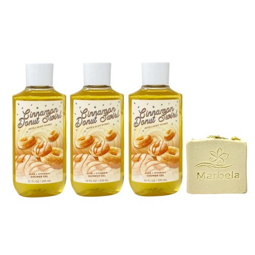 Bath & Body Works Cinnamon Donut Swirl 3 Piece Shower Gel Value Pack with a Wild Jasmine Bar Soap - Full Size