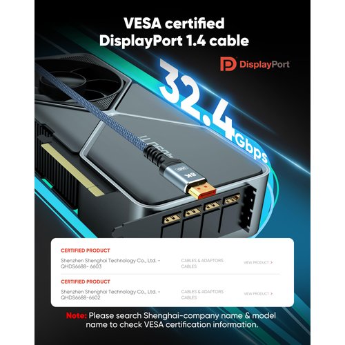 Capshi VESA Certified DisplayPort Cable 1.4, 8K 4K DP Cable 6.6ft, Display Port Cable [8K@60Hz, 4K@144Hz, 2K@240Hz, 32.4Gbps], High Refresh Rate for Gaming Monitor, HBR3, HDR, Graphics Card, TV, PC