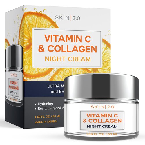 Skin 2.0 Korean Vitamin C and Collagen Face Moisturizer - Dermatologist Tested - Anti-Aging, Skin Tightening & Brightening Night Cream - Cruelty Free Korean Skin Care For All Skin Types - 1.69 oz