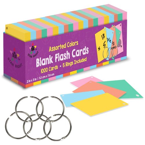 Star Right Assorted Colored Blank Flash Cards - 2"x3" Blank Index Note Cards, Flash Cards Blank, 1000 Pre Hole Punched Index Cards w/Metal Binder Rings, Blank Flashcards for GMT Prep, Math, Language