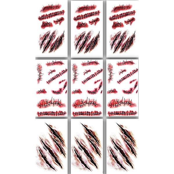9pcs Halloween zombie makeup Fake Bloody Wound Stitch Scar Scab Waterproof Temporary Tattoo Sticker Halloween Masquerade Prank Makeup Props