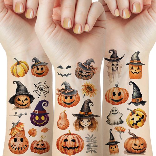54 PCS Halloween Pumpkin Temporary Tattoos for Kids, Pumpkin with Witch Hat Fake Tattoo Stickers for Girls Boys Halloween Party Decorations Supplies Favors