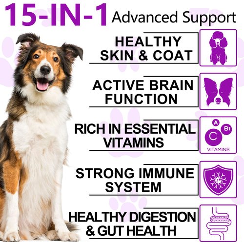 Dog Vitamins and Supplements, 15-in-1 Dog Multivitamin Chews with Glucosamine and Probiotics, Natural Daily Vitamins Treats for Dogs, Pet Health Support-Skin-Immunity-Gut Digestion-Joint-Heart,150pcs
