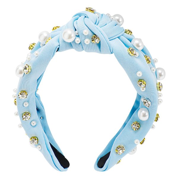Fepibur Blue Pearl Headband Pearly Knotted Women Headband Jeweled Headbands for Women Boho Wide Head Band Fashion Elegant Ladies Hair Band