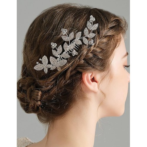 Teyglen Silver Rhinestone Wedding Hair Comb Bridal Hair Comb with Butterfly Sparkly Leaf Headpiece for Bride Crystal Hair Piece Hair Accessories for Women Girls