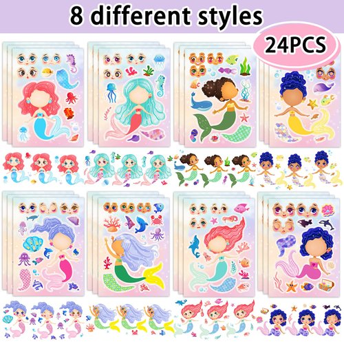 24 Sheets 8.3''×5.9'' Make Your Own Mermaid Stickers for Toddlers Kids Party Favors, Make a Face Stickers for Kids Activities Supplies Crafts