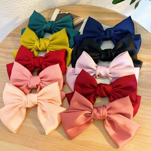 Qazuoik 9 Pack Solid Color Big Bow Hair Clip, Korean Version Minimalist Satin Spring Clip, Summer Retro Ponytail Fabric Headwear