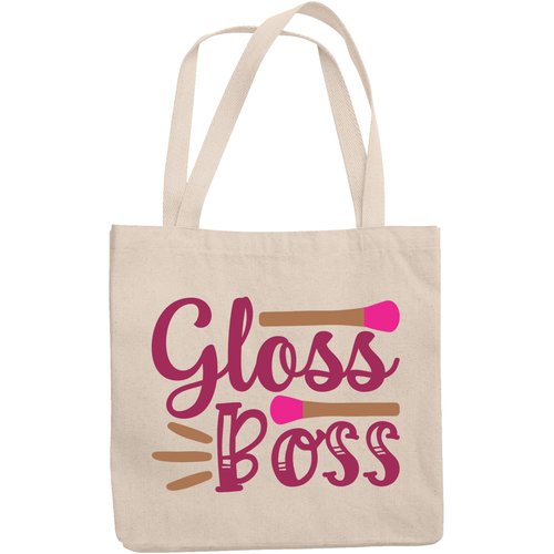 12oz Canvas Tote Bag - Gloss Boss, Lip Gloss Quote - Beauty Themed Merch for Makeup Artist or Cosmetologist, Gift for Makeup Lovers & Beauticians