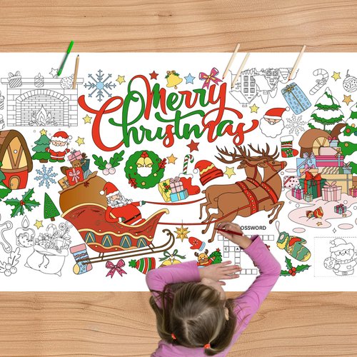 LDFDRT Merry Christmas Coloring Tablecloth Giant 1 Pack Paper Coloring Table Cloths Christmas Tree Santa Claus Poster 54x108 Inch Crafts for Kids Disposable Rectangle Table Cover for Party Supplies