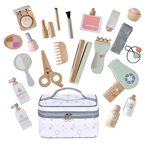 Smartwo Wooden Makeup Toy Set for Toddler Pretend Play 22 PCS Wood Beauty Salon Toys Cute Wooden Makeup Kit with Realistic Accessories Gift for Girls 3 4 5 6