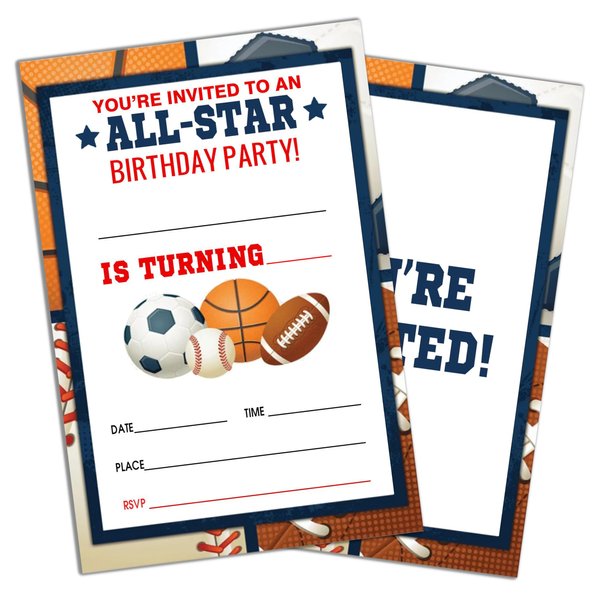 Sports Style Fill-In Birthday Invites(4"x6"), All Star Birthday Invitations with Envelopes(20-Pack), Birthday Party Supplies for Boys & Girls, Teen, Kids-A04