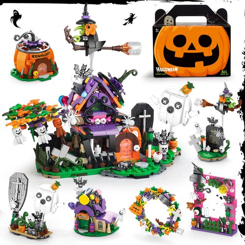 Halloween Haunted House Building Block Set - 603 Pcs Ghost Witches Building Kit for Kids, Halloween Displayable Model Bat Vampire Pumpkin House Halloween Party Favors Gift for Boy Girl 6-12 Years Old