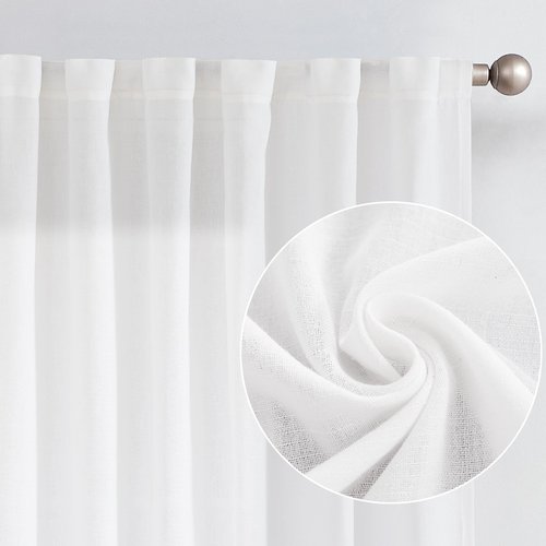 COLLACT Flax Linen Curtains 90 Inches Long for Living Room/Bedroom White Farmhouse Curtains Light Filtering Semi Sheer Privacy Drapes Rod Pocket Back Tab Window Treatments, W50 x L90, 2 Panels White