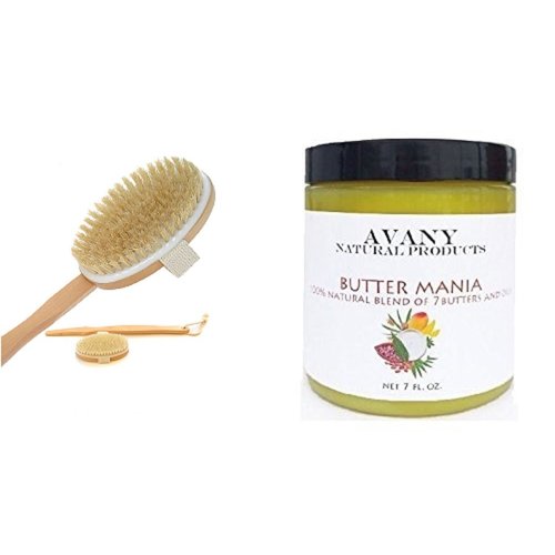 Natural Boar Bristle Dry Body Brush With Butter Mania Natural Blend of Argan Oil Cocoa Butter Shea Butter Mango Butter Sweet Almond Oil Coconut Oil and Castor Oil (Meduim Handle Brush)