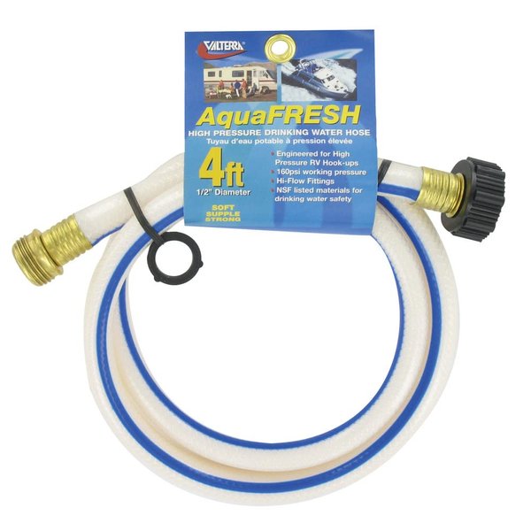 Valterra AquaFresh High Pressure Drinking Water Hose, Water Hose Hookup for RV - 1/2" x 4', White