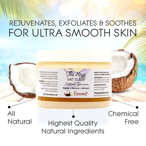 The Keys Sea Salt Scrub - Exfoliating Body Scrub with Wooden Spoon- Foot Scrub and Hand Scrub for men, women - Made with Pure Florida Sea Salt and Organic Coconut Oil (Coconut, 12 oz).