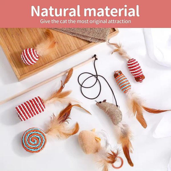 Shuffy Interactive Feather Cat Toys | Natural Material | Pack of 7 | Cat Feather Toys | Sisal Material | Playing Indoor Cat Toy | Cat Wand Toy | Cat Nip Toys | Gift Box