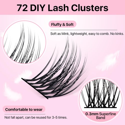 Miuffue Lash Clusters 72 PCs Cluster Lashes DIY Eyelash Extensions Super Thin Band Soft Mixed Tray Wispy Individual Lashes Eyelash Clusters (Fluffy, C-8-16mix)
