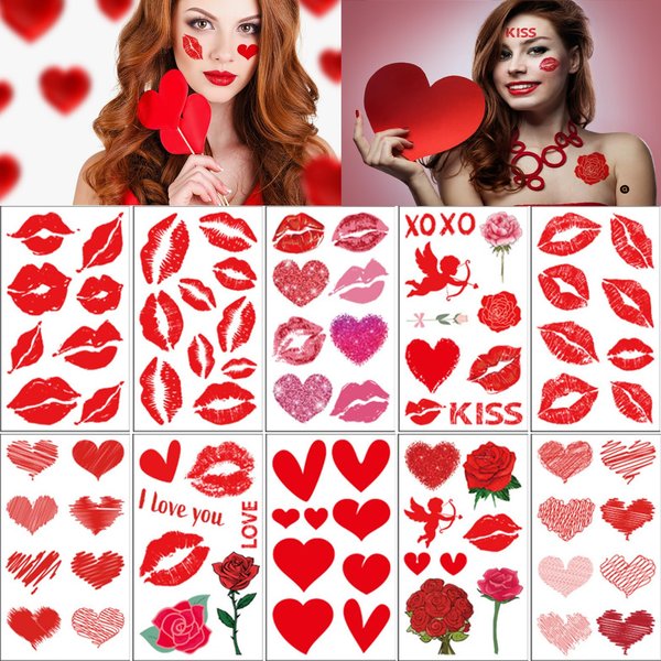 84 Pcs Valentines Romantic Tattoos Waterproof Red Lips Love Heart Rose Fake Temporary Tattoos Stickers Body Arm Face Tattoos Suitable for Wedding Festival Women man Party Supplies