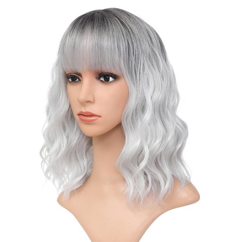 BEAUTIFA Silver Gray Wig with Bangs for Women 14 Inch Shoulder Length Short Bob Wavy Curly Wig White Grey Wig Heat Resistant Synthetic Wigs