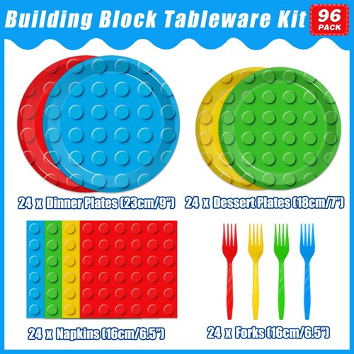 96 Pcs Building Block Party Supplies, Building Bricks Party Plates and Napkins Set Boys Girls Building Block Themed Party Dinnerware for Kids Baby Shower Birthday Party Decorations, Serves 24