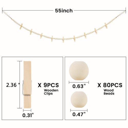 KLOGTSIND Hanging Photo Display Wall Decor, 2PCS Boho Wooden Bead Garland Collage Picture Frame with 9 Wood Clips for Bedroom, Living Room, Office, Dorm Decor, Photos Holder Teen Girl Gifts