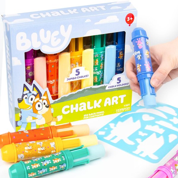 Official Bluey Chalk Art, 5-Pack, Vibrant Sidewalk Chalk For Kids, Includes 5 Chalks, Chalk Holders & Reusable Stencil, Outside Toys for Toddlers 1-3, Bluey Birthday Party Supplies, Bluey Toys