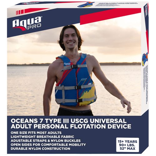 Oceans 7 USCG Universal Fit Adult Sized Life Jacket – Type III PFD Fits Chest Size 30” - 52” – Flexible-Fit Open-Sided Design – Blue/Red/Yellow