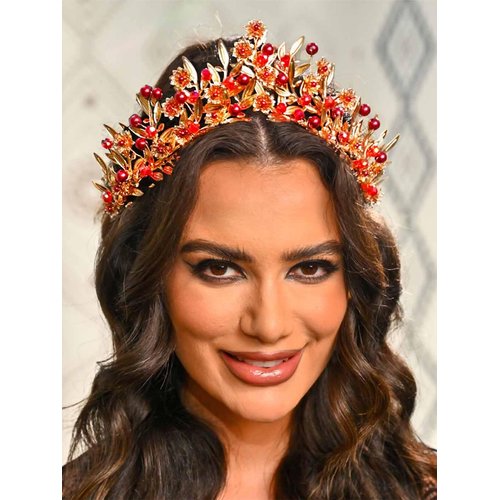 Yean Red Baroque Wedding Crown Gold Royal Quinceanera Headwear Leaf Vintage Bridal Headpiece for Women