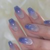 Blue Ombre Press on Nails Medium Coffin Fake Nails Acrylic Glue on Nails with Gradient Glitter Bling Cat Eye False Nails Press ons with Glue Stick on Nails for Women and Girls 24 Pcs