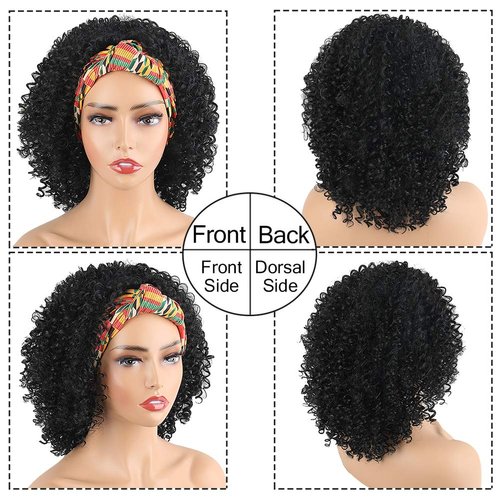 Aisaide Short Afro Curly Headband Wigs for Black Women,Deep Curly Black Wigs with Headband Attached Scarf Wigs Full Wigs with Wig Cap Head Wrap Wigs 2 in 1 Afro Kinky Curly Wigs with Turban Scarf