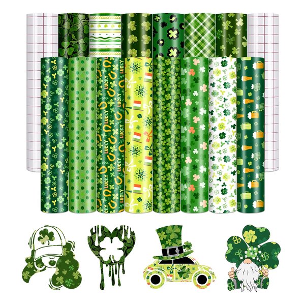 HTVSTD St. Patrick's Day Permanent Vinyl - 14 Sheets 12"x10" Green Clover Patterned Vinyl Shamrock Permanent Adhesive Vinyl Self Adhesive Vinyl Compatible with Cricut/Silhoutte Cameo