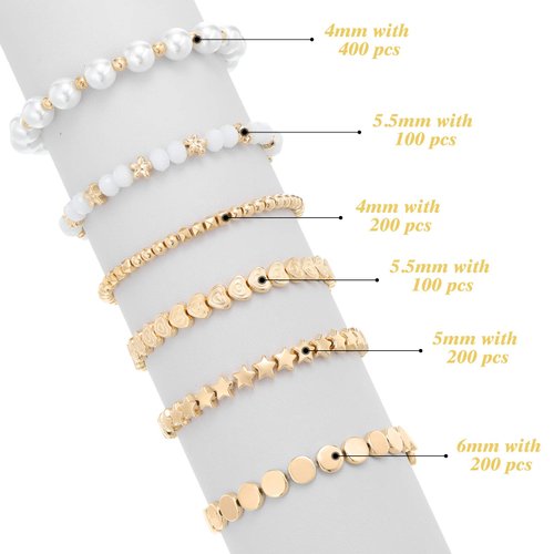 1200 Pieces Spacer Beads Set Star Round Ball Rondelle Faceted Spacer Heart Flower Flat Disc Loose Beads for Bracelet Earring Necklace Jewelry Making (Gold)