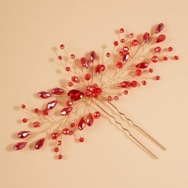 Rumtock Pack of 1 Red Rhinestones Hair Pins Long Side Bridal Headpiece for Wedding Brides Handmade Hair Accessories (Red)