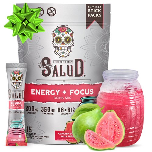Salud 2-in-1 Energy Drink Powder + Focus, Guava, Organic Caffeine, B6 + B12, Theanine, Clean Energy Drink Packets, Guayaba Agua Fresca Mix, Non-GMO, Gluten Free, Vegan, 1g of Sugar, (15 Servings)