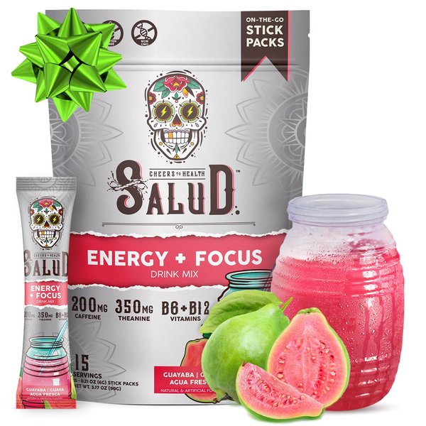 Salud 2-in-1 Energy Drink Powder + Focus, Guava, Organic Caffeine, B6 + B12, Theanine, Clean Energy Drink Packets, Guayaba Agua Fresca Mix, Non-GMO, Gluten Free, Vegan, 1g of Sugar, (15 Servings)
