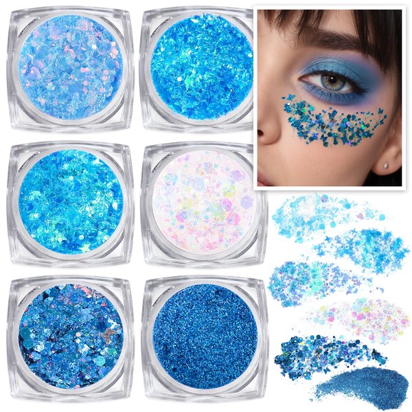 Teenitor Body and Face Glitter, Blue Body Glitter, Hair Glitter Gel, 6 Shapes Makeup Glitter Gel for Face, Body, Hair, Glitter for Halloween Makeup